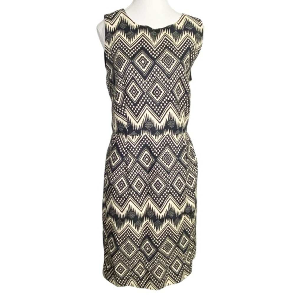 J. Crew Black and Cream Geometric Sleeveless Midi Dress